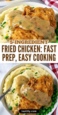 two plates with chicken, mashed potatoes and gravy on the side text reads 3 ingredient fried chicken fast prep, easy cooking