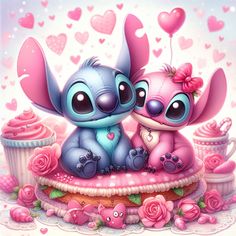 two cute little cartoon animals sitting on top of a pink cake with cupcakes