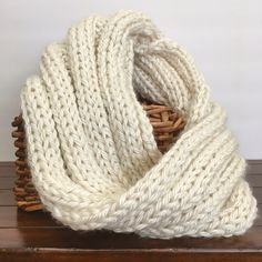 "Single loop, knit infinity scarf is soft, cozy, stretchy, and has a little weight to it Cream colored yarn has a prerry, silky shine 36\" loop, 6\" wide (stretches to 15\") Material: Lion Brand \"Hometown\" yarn, 100% acrylic" One-size Knit Infinity Scarf, Knit Infinity Scarf One Size, Knitted Acrylic Infinity Scarf One Size, One Size Yarn Infinity Scarf, One Size Knitted Acrylic Infinity Scarf, Knitted Acrylic Infinity Scarf, One Size Knit Infinity Scarf, Hand Knitted One Size Infinity Scarf, Hand Knitted One-size Infinity Scarf