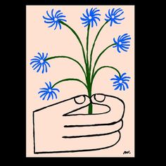 a drawing of a hand holding a plant with blue flowers in the middle, on a pink background