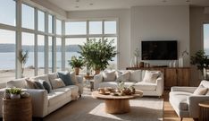 a living room filled with white furniture and large windows overlooking the ocean on a sunny day