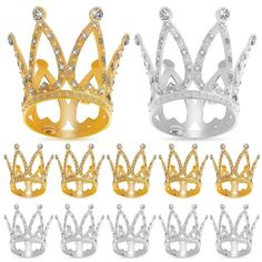 Description These are mini crowns. Small and dainty, our tiara crown makes a stylish look and is embellished with rhinestones that sparkle in the sun and light. These small crowns are all carefully designed, to impress anyone. Let your little one be the star of the party wearing this crown. They can also be used as cake decorations, photography props. Features -Color:Golden -Material:Alloy -Size:4.50X4.50X3.50cm/1.77X1.77X1.38in -The tiny crown is studded with rhinestones that sparkle in the sun Silver Adjustable Crown With Pinched Shape, Adjustable Rhinestone Teardrop Crown, Silver Princess Crown With Pinched Shape, Pink Zebra Party, Prom Headband, Party Sparklers, Flower Girl Headpiece, First Communion Veils, Crown Decor