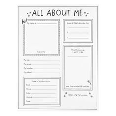 an all about me book with pictures on the front and back cover, in black ink