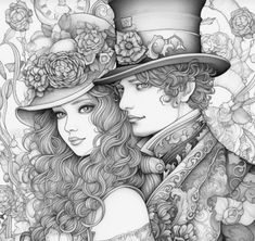 a drawing of two women with hats and flowers on their heads, one wearing a top hat