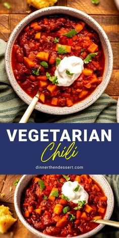 vegetarian chili in a bowl with sour cream on top and the title overlay reads, vegetarian chili