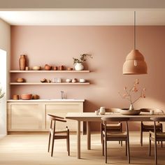 a dining room table and chairs in front of a shelf with vases on it