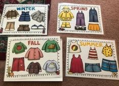 four children's clothing cards with the words fall and winter written in english on them