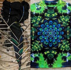 two shirts are shown next to each other in different colors and patterns, one is green the other is blue