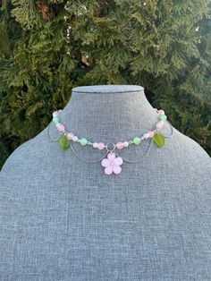 Pink Flower Necklace, Pink Beaded Necklace, Kawaii Necklace, Sakura Flower, Necklace Flower, Flower Necklace, Pink Flower