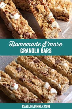 homemade granola bars with white chocolate chips and marshmallows on top are shown