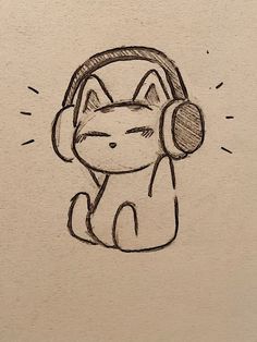 a drawing of a cat wearing headphones