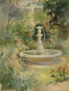 a painting of a water fountain surrounded by flowers