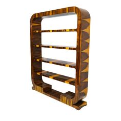 a wooden shelf with three shelves on each side and two different sections in the middle