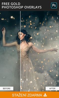 a woman in a dress with her arms outstretched, and the words free gold photoshop overlays