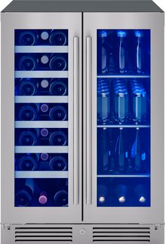 two stainless steel refrigerators with blue glass doors and shelves full of empty water bottles