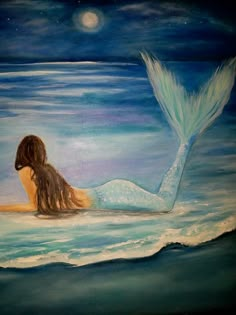 a painting of a mermaid swimming in the ocean with her tail hanging out to dry off