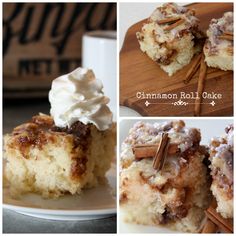 cinnamon roll cake on a plate with whipped cream and cinnamon sticks in the middle, then topped with icing