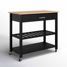 a black kitchen cart with a wooden top