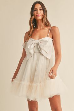 Front Bow Babydoll Mini Dress | Evercado Baby Doll Dress Homecoming, Bow Front Dress, Homecoming Dresses Bow In The Back, Bow Homecoming Dress, Prom Mini Dress With Bow Straps, Homiday Mini Dress Bow, Winfo Babydoll Dress, Front Bow Dress, Babydoll Wedding Dress