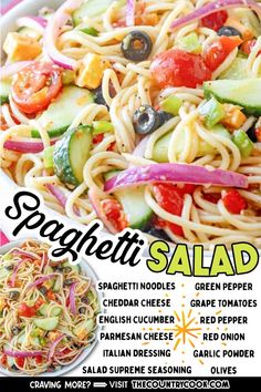 an advertisement for spaghetti salad with vegetables on it