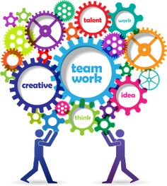 two people holding gears with the words team work inside them