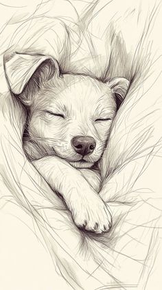 a drawing of a sleeping dog with its eyes closed and his head resting on the pillow