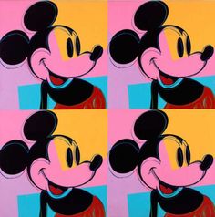 an image of mickey mouse with squares in the background and text that reads, andy warhol - the art of mickey mouse