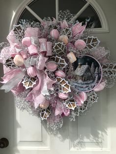 Did someone say pink and gingerbread? I had so much fun designing this one with the gingerbread leaves and the pastel macaroons. Loaded with gingerbread accents of holly leaves. 14" wire frame. Expandable ribbon that catches the light gives it that opulence. Ribbon tails at 14". Pink mesh cut at 20-22" cruffles. Metal sign. A tight fit between doors.  Free UPS ground shipping. Macaroons Christmas, Pink Victorian Christmas, Pastel Macaroons, Pink Gingerbread House, Pink Christmas Lights, Blush Christmas, Pink Christmas Tree Decorations, Pink Decorations, Pastel Christmas Decor