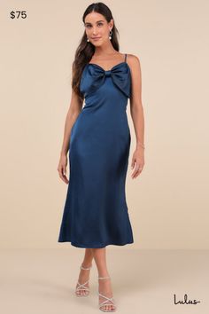 You'll look like elegant perfection the moment you step into the Lulus Extravagantly Sleek Navy Blue Satin Sleeveless Bow Midi Dress! Luxe woven satin shapes this darling dress that features adjustable spaghetti straps, a flirty V-neckline, and a sleeveless bodice with an oversized bow detail at the front and a low-cut back. The sultry, slip-style silhouette will effortlessly skim your figure as it cascades down to a chic midi hem. Hidden side zipper/clasp. Fit: This garment fits true to size. L Midi Dress Strapless, Slip Midi Dress, Adhesive Bra, Darling Dress, Blue Satin, Large Size Dresses, Bow Detail, Low Cut, Side Zipper