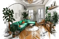 a drawing of a living room with green couches and potted plants in the corner