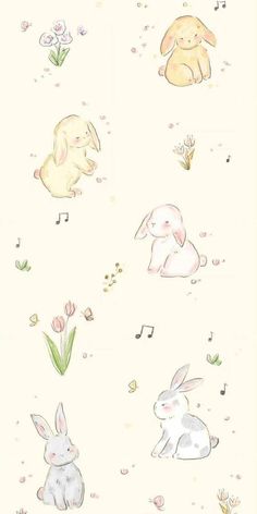 an image of rabbits and flowers on a white background with words that say, i love you