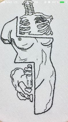 a cross stitched onto a white piece of cloth with a drawing of a man holding a knife