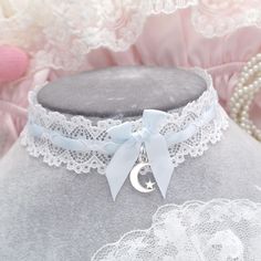 Little Crescent Moon Choker Necklace White Lace baby blue bow , collar pastel cute Romantic Fashion Everyday jewelry ♡ Width 2.5 cm ♡ Width 30cm / 35 cm + 5 cm tail Blue Aesthetic Accessories, Baby Blue Jewelry, Cute Chokers, Moon Choker Necklace, Bear Outfit, Female Accessories, Moon Choker, Grumpy Bear, Pastel Jewelry