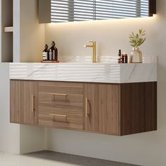 a bathroom vanity with two sinks and wooden cabinets