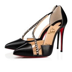 Christian Louboutin Spike Cross 100 Black PVC Silver Criss Strap Heel Pump 35.5 ********** Christian Louboutin ********** Brand: Christian Louboutin Size: 35.5 (know your Louboutin size)  Name: Spike Cross Color: Black Style: Pointed Toe Pump Style# 3190539 Material: Kid Leather Pointed front toe Standing on a 100mm heel PVC clear side panel Black kid leather material Silver spiked cross front strap with elastic stretch Thin back heel Classic red leather sole Brand new in box, comes with box and Elegance Style, Black Pvc, Red Sole, Stiletto Pumps