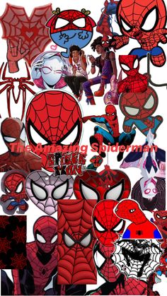 many different spiderman faces are shown together