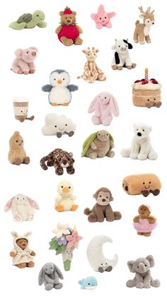 many different stuffed animals are shown together