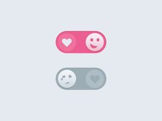 two buttons with faces and hearts on them, one is pink and the other is grey