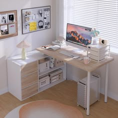 a desk with a computer on top of it in front of a window covered by blinds