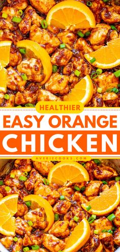 an easy orange chicken recipe in a skillet with text overlay that reads, easy orange chicken