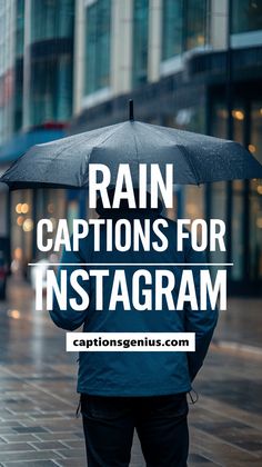 Image shows a person holding an umbrella, facing away from the camera on a rainy city street. The text "Rain Captions for Instagram" is displayed in bold white letters. The image captures the moodiness of a rainy day, making it ideal for Instagram posts about embracing rainy moments. Perfect for anyone looking to add reflective or poetic captions to their rain-themed photos. The aesthetic emphasizes coziness, reflection, and the beauty of rain in an urban setting. Rain Captions For Instagram, Drizzling Rain, Rainy Day Photos, City Rain, Restless Soul, Rain Quotes, Rain Painting, Caption Ideas