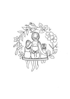 a drawing of two people sitting on a bench with flowers and leaves around the edges