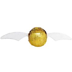 a shiny golden ball with white wings is flying through the air in front of a white background