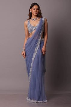 Disha Patil-Periwinkle Blue Draped Sari With Blouse-INDIASPOPUP.COM Farewell Sarees For Teens, Saree Types, Farewell Sarees, Desi Fits, Saree Wearing Styles, Trendy Outfits Indian