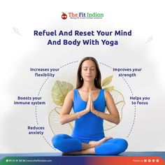 a woman meditating in yoga position with the words reflex and rest your mind and body with yoga