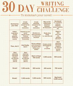 the 30 day writing challenge is shown in orange and white, with words on it