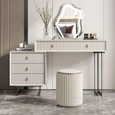 a white dressing table with a mirror and stool