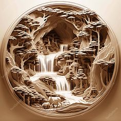 an intricately carved paper art piece depicting a waterfall