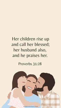 two people hugging each other with the words, her children rise up and call her blessing