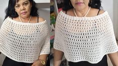 the woman is wearing a white crochet top